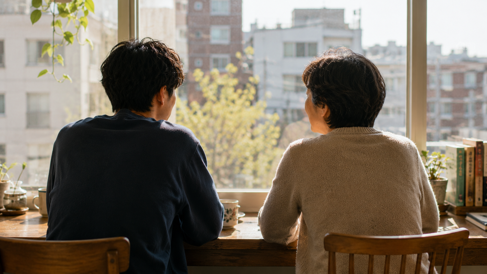 서로 다른 세대가 같은 공간을 함께 바라보는 차분한 장면