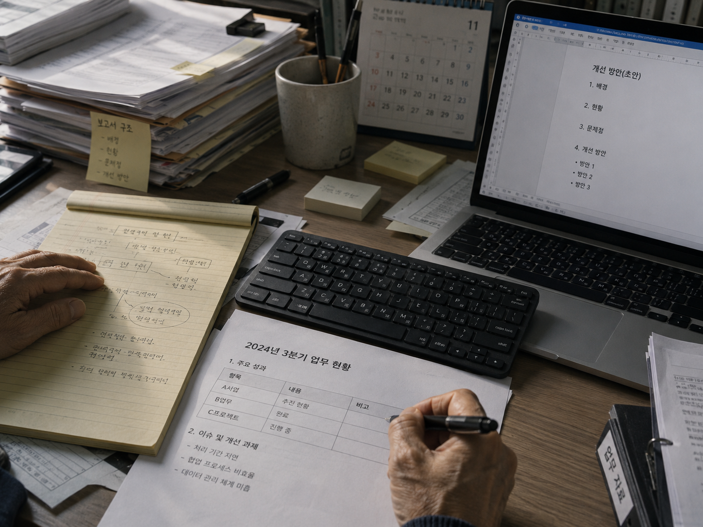 손글씨 메모와 보고서, 키보드, 노트북 초안이 한 작업 흐름으로 놓인 책상