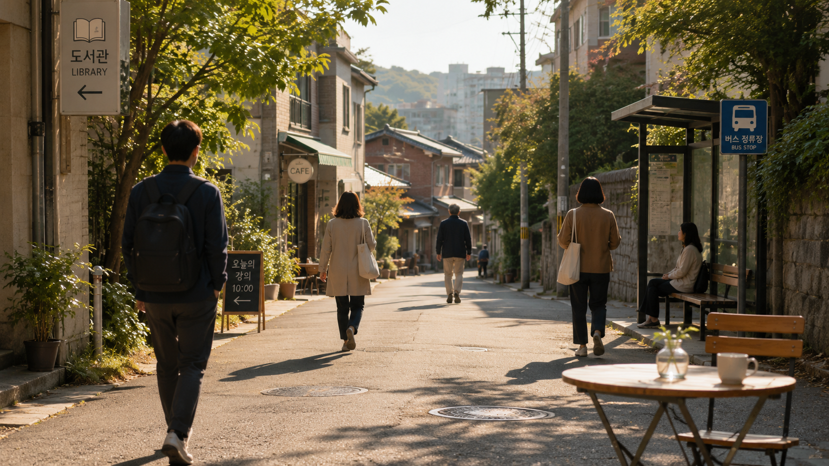 아침 동네 거리에서 사람들이 서로 다른 방향으로 움직이는 장면
