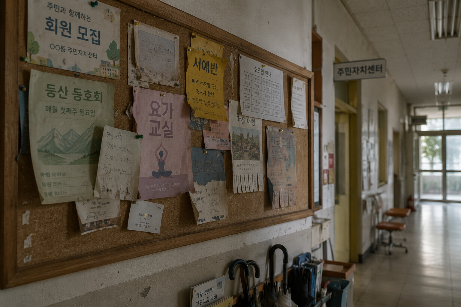 주민센터 복도 게시판에 오래된 모임 안내와 생활 공지가 겹쳐 붙어 있는 장면