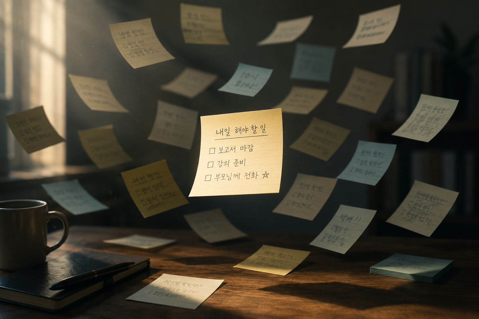 수많은 메모 사이에서 단 하나의 메모만 선명하게 빛을 받는 에디토리얼 일러스트