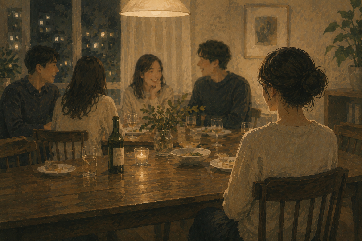 여러 사람이 대화를 나누는 식탁 끝에 한 사람이 조용히 앉아 있다