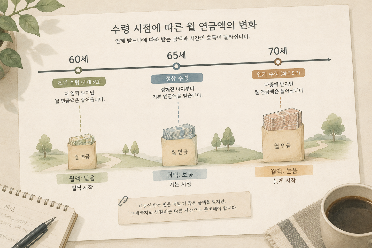 국민연금 수령 시점에 따른 월 연금액의 차이를 시간의 흐름으로 비교한 그림