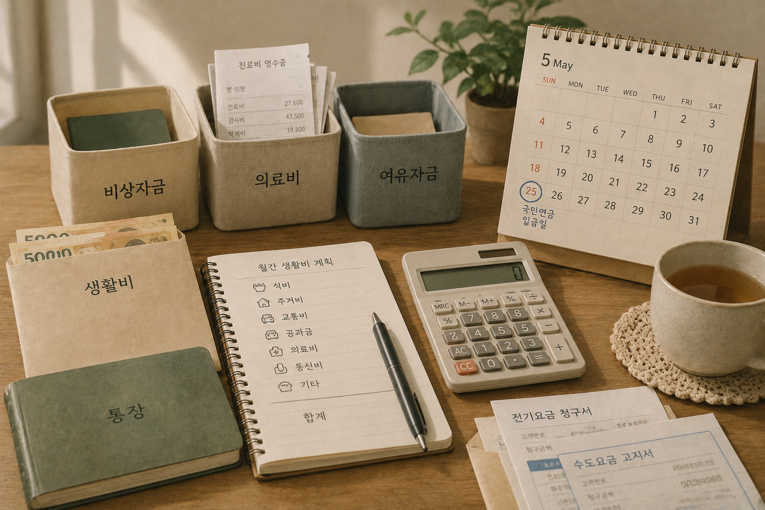생활비와 의료비, 비상자금을 관리하는 가계 계획표와 계산기가 식탁 위에 놓여 있다